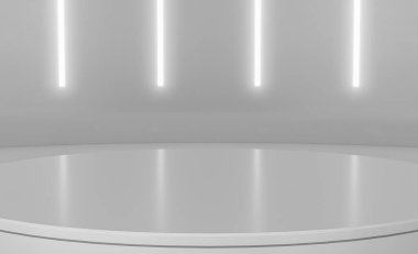 Dikey parlayan neon ışıklandırmalı soyut, minimum kaidesel podyum. Ürün sunumu. Bilim kurgu boş oda konsepti. Geleceğin asgari duvar sahnesi. 3B Hazırlama