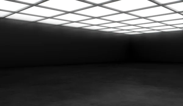 Modern empty hall room or open space with concrete floor, black wall and lights on top. 3D rendering Mockup.