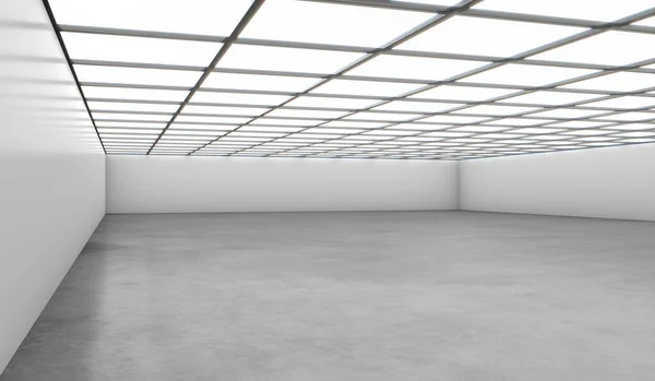 White open space empty hall with black wall, concrete floor and light on top. 3D rendering Mockup.