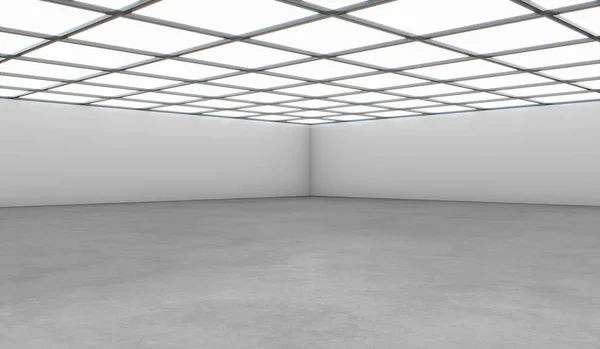 White open space empty hall with black wall, concrete floor and light on top. 3D rendering Mockup.