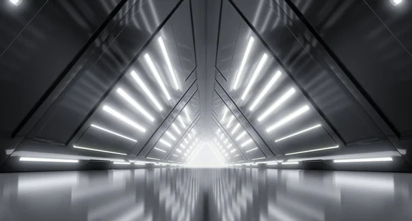 Futuristische Cyber Tunnel Sci Dark Lights Corridor Interieur Ontwerp Driehoek — Stockfoto