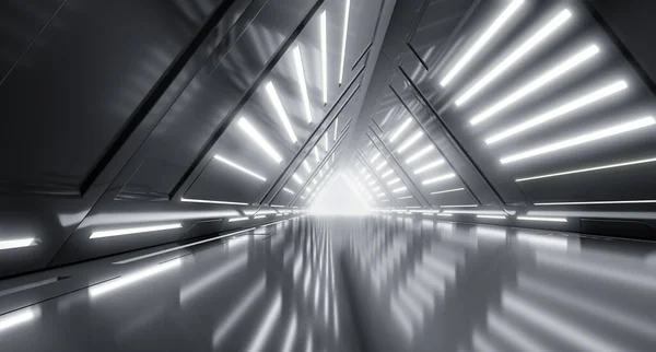 Futurisztikus Cyber Alagút Sci Dark Lights Folyosó Belsőépítészet Háromszög Metal — Stock Fotó