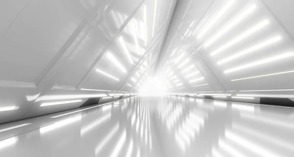 Absztrakt Futurisztikus Folyosó Belső Kialakítás Fényekkel Háromszög Űrhajó Alagút Jövő — Stock Fotó