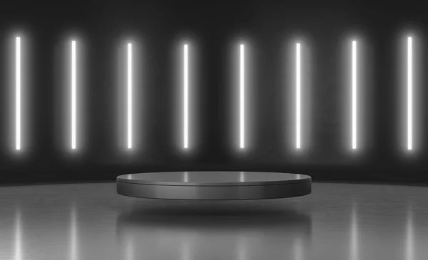 Dikey parlayan neon ışıklandırmalı soyut, minimum kaidesel podyum. Ürün sunumu. Bilim kurgu boş oda konsepti. Geleceğin asgari duvar sahnesi. 3B Hazırlama