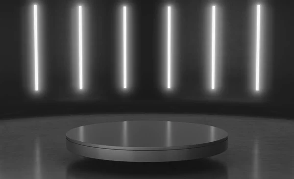 Abstract minimal pedestal podium with vertical glowing neon lighting. Product display presentation. Sci-fi empty room concept. Futuristic minimal wall scene. 3D Rendering