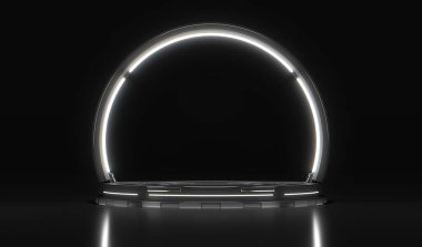 Parlayan neon halkalar için aydınlık, boş gelecek platformu olan gelecekteki bir sahne. Bilim teknolojisi konsepti. 3B illüstrasyon.