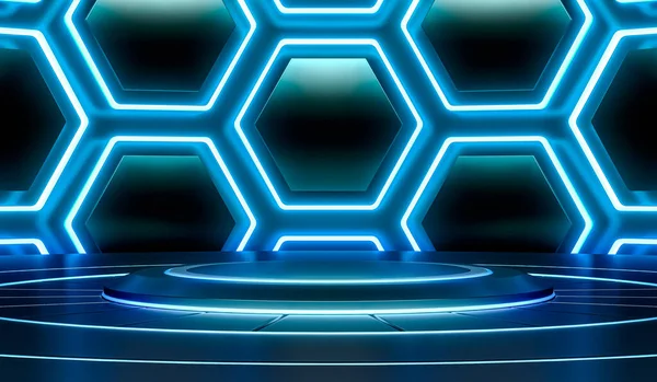 Sci Dark Lights Futuristic Circles Stage Hexagon Neon Glowing Background — Stock Photo, Image