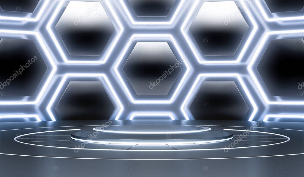 Futuristic Sci Fi Empty Stage with hexagon neon Glowing Lights. Abstract Background. 3D Rendering.