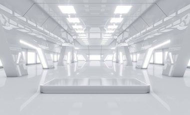 Gelecekçi boş sahne. Modern Gelecek Teknolojisi Bilim-Kurgu iç konsepti. 3d Hazırlama