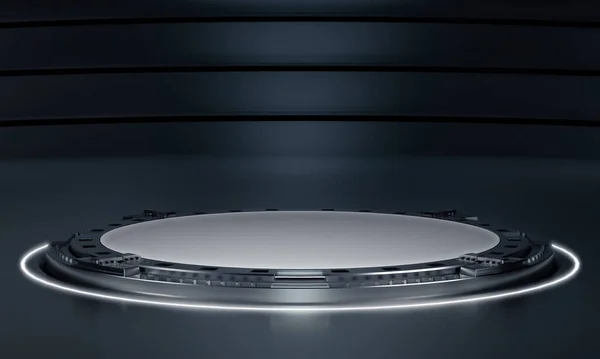 Geleceğin bilim kurgu boş sahnesi büyük salonda. Tasarım için gelecek arka plan. 3d oluşturma.