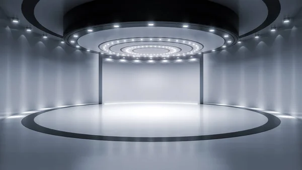 Ürün gösterimi ya da ışık ile sunumu için modern minimal sahne. Fütürist kaidesel gösteri geçmişi. 3B görüntüleme.