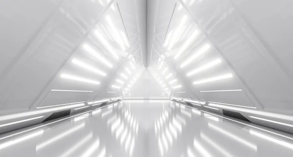 Abstraktes Futuristisches Korridor Interieur Mit Lichtern Zukunftskonzept Dreieck Raumschiff Tunnel — Stockfoto