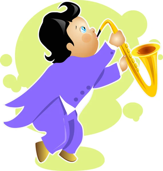 Chlapec hrát saxofonu kreslená postavička — Stockový vektor