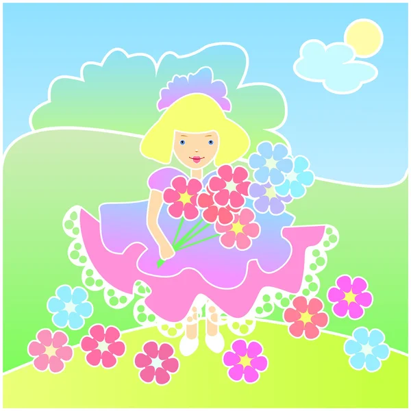 Petite fille avec des fleurs sur la prairie — Image vectorielle