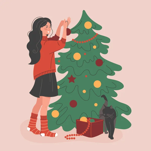 女の子はクリスマスツリーを飾る 新年の準備 ベクトル画像 — ストックベクタ