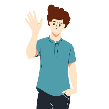 Adam elini sallıyor, selamlıyor. Hoş geldin jest. Vektör resmi.