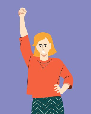 Protest. The girl raised her hand up and expresses dissatisfaction. Vector image. 