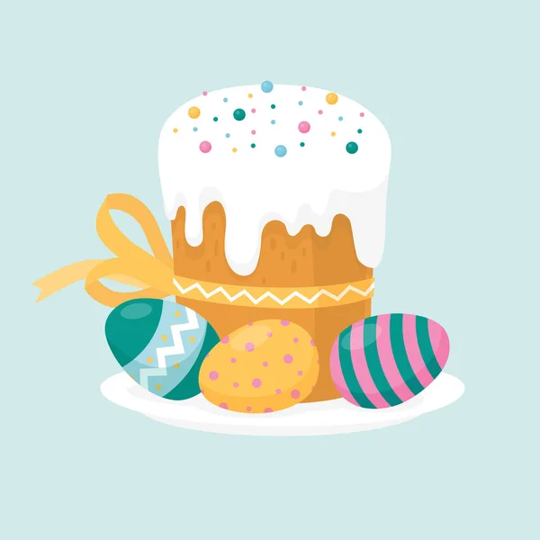 复活节假期 复活节蛋糕和彩蛋放在盘子里 矢量图像 — 图库矢量图片