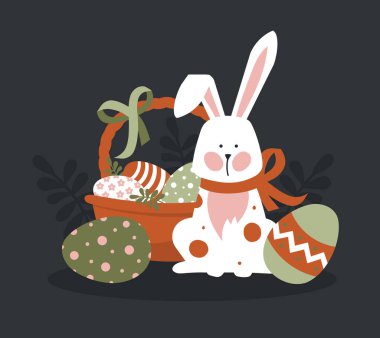 Paskalya tatili. Paskalya tavşanı ve renkli yumurtalar sepette. Vektör resmi.