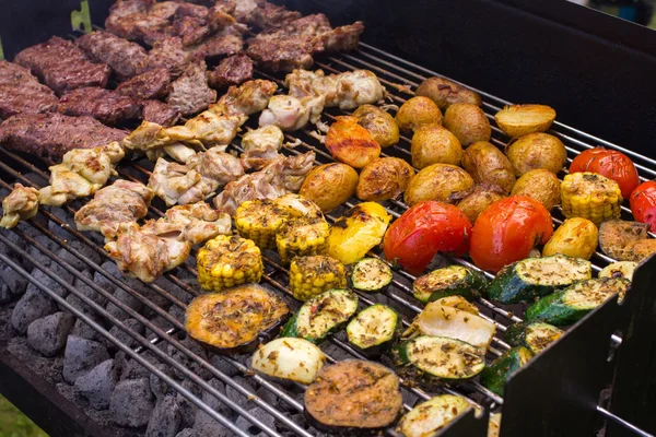Barbecue di carne e verdura su carboni — Foto Stock