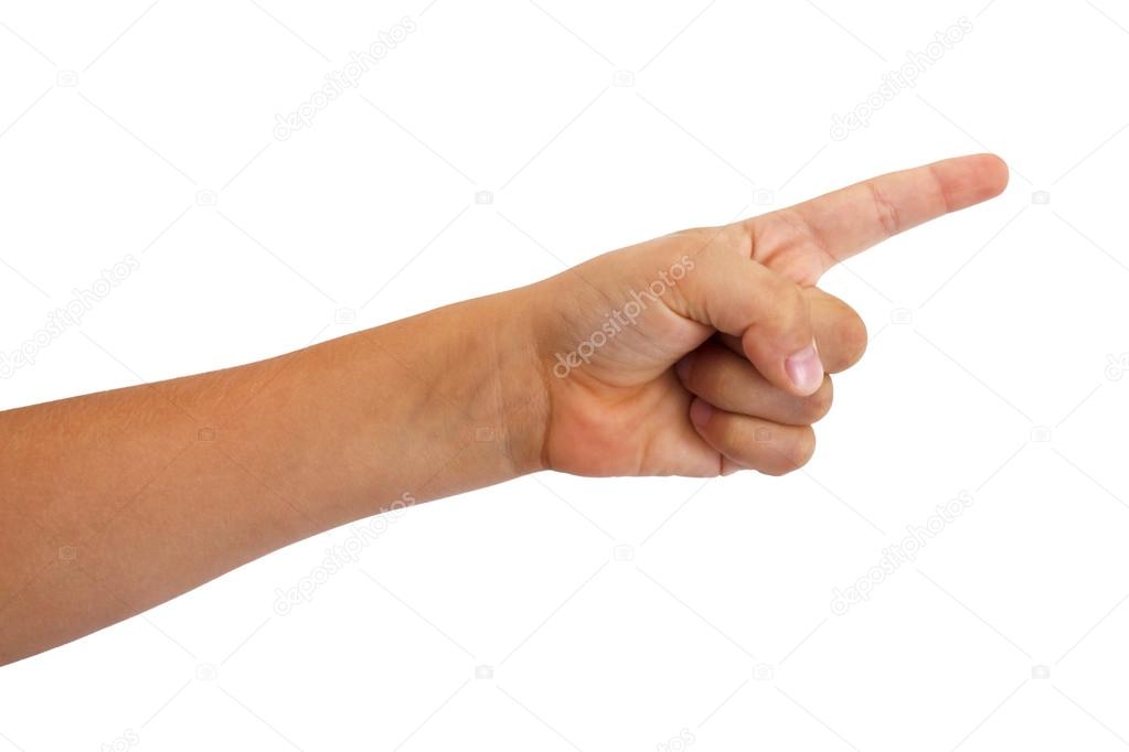 Young boys arm extended with index finger pointing