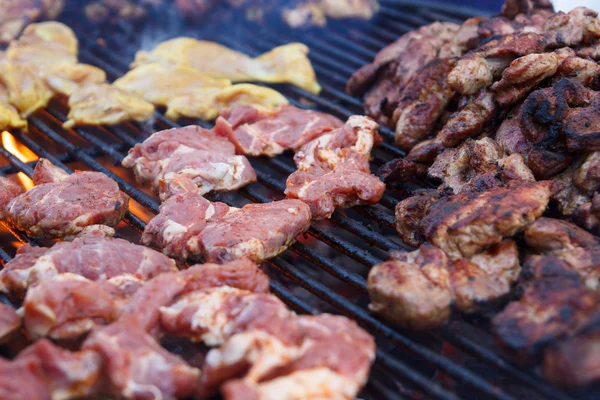 Molti pezzi di diversi tipi di carne alla griglia su una griglia barbecue. Focus selettivo . — Foto Stock