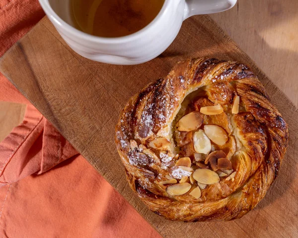 Pâtisserie Pêche Aux Amandes Petit Déjeuner Danois Tartiné Thé — Photo