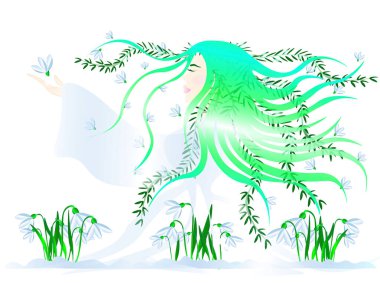 Bahar Tanrıçası 'nın vektör illüstrasyonu. Kar damlaları çiçek açtı, bahar geldi. Baharın bakiresi doğayı uyandırır.