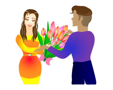 Güzel bir bayan sevdiği kadının verdiği bir buket laleyi memnuniyetle kabul eder. İlkbahar aşkla dolu. vektör