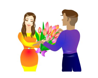 Güzel bayan sevdiği kadının verdiği bir buket laleyi memnuniyetle kabul eder. İlkbahar aşkla dolu. Kadınlar Günü 'nde. Aziz Sevgililer Günü