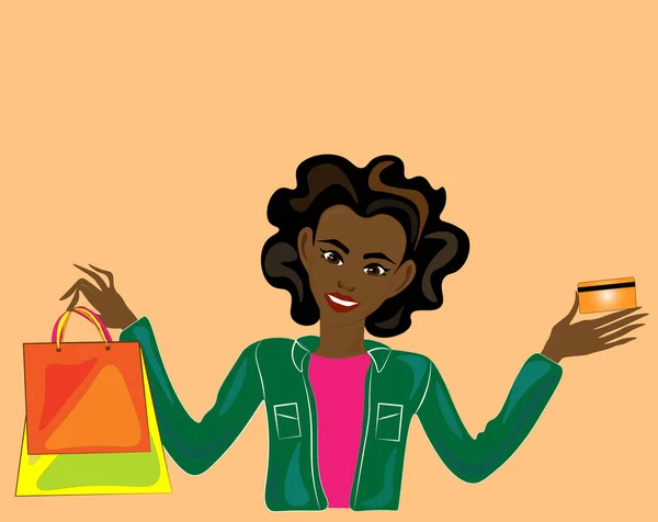 Ilustração Uma Mulher Afro Americana Bonito Com Sacos Compras Cartão —  Vetores de Stock