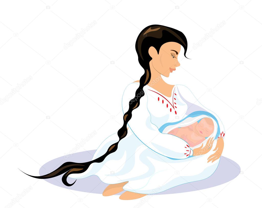 Tender illustration of a mother with a child.A young mother holds her baby in her arms. The child sleeps sweetly, and the mother sways him in her arms.