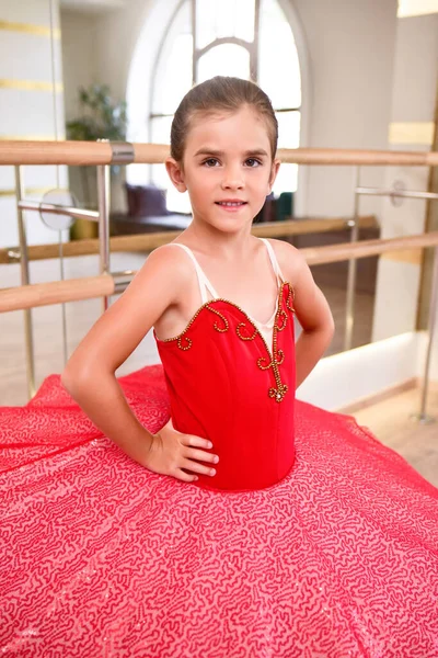 Cute Portrait Beautiful Little Ballerina Performance Red Dress Pink Tutu — Foto de Stock