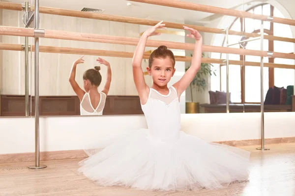 Portrait Cute Little Ballerina Standing Her Hands Performance Dress She — Zdjęcie stockowe