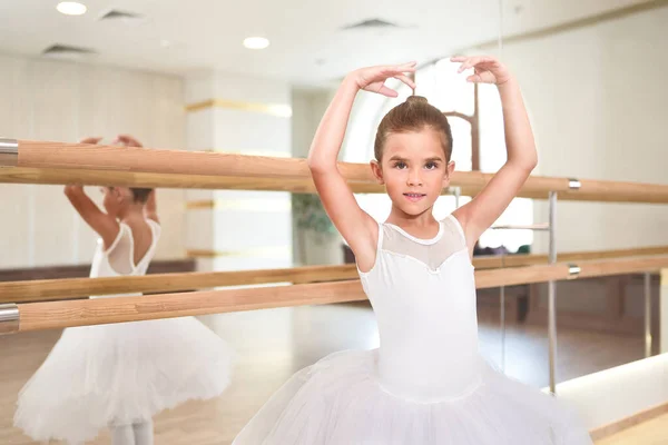 Portrait Cute Little Ballerina Standing Her Hands Performance Dress She — ストック写真