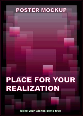 Model poster. Herhangi bir konu üzerinde herhangi bir dekorasyon, reklam tasarımı için kullanabilirsiniz. Siyah bir arkaplanda, şeffaf pembe bir tona sahip kareler ve dikdörtgenler hareketin etkisini yaratır.