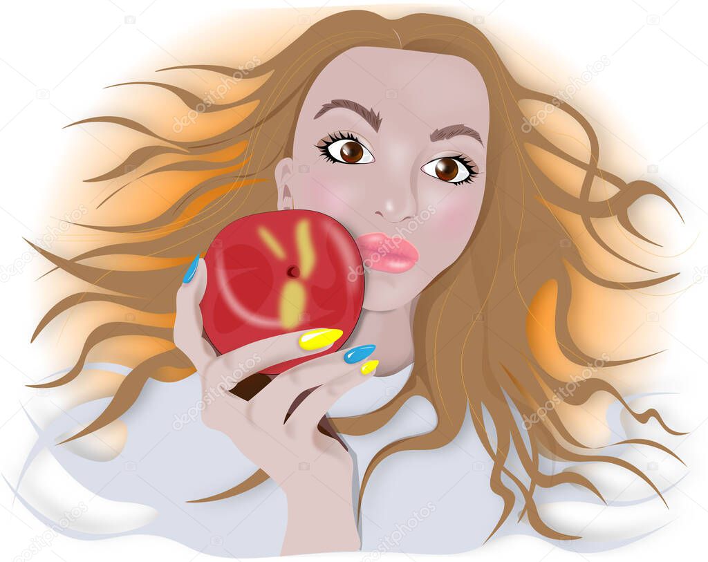 Charming Lady face with peach. A beautiful Lady is holding a peach in her heand. Natural youth and beauty. Healthy and yummy.