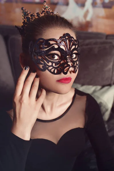 Portrait Elegant Model Wearing Crown Carnival Mask Black Dress Studio — Stock Photo, Image