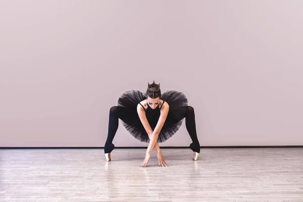 Graceful Ballerina Black Swan Dress Wgite Background Young Ballet Dancer — Stok fotoğraf