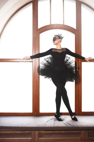 Ballerina Black Swan Dress Wgite Background Young Ballet Dancer Practicing — ストック写真