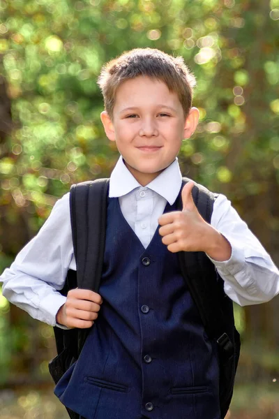 Portrait of a schoolboy with a backpack over his shoulders, who holds a thumb up, against a blurry background of green trees. — Stock Photo, Image