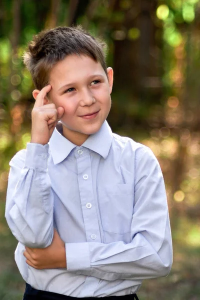 Portrait of a schoolboy looking thoughtfully to the side, against a blurry background of green trees. — Stock Photo, Image