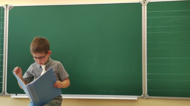 Schoolboy with glasses reads a book at the blackboard — Stock Video
