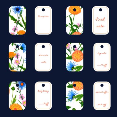 Bir tarafında çiçek desenli etiketler var. Parlak, yaz, dikkat çek. Papatya, takvim ve karamelli kalem çizimi.