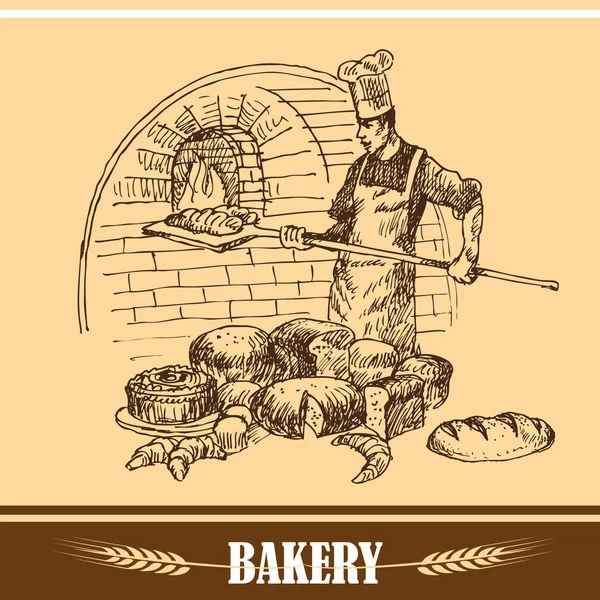 Baker håller bröd i vedeldad ugn — Stock vektor