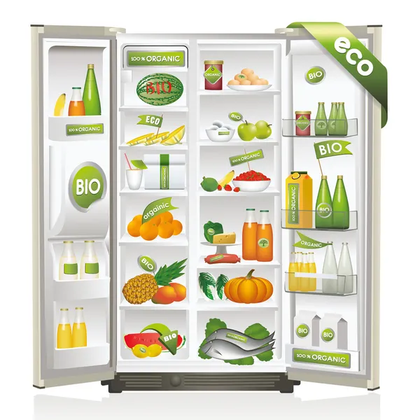 REFRIGERADOR COMPLETO DE ALIMENTOS ORGÁNICOS — Vector de stock