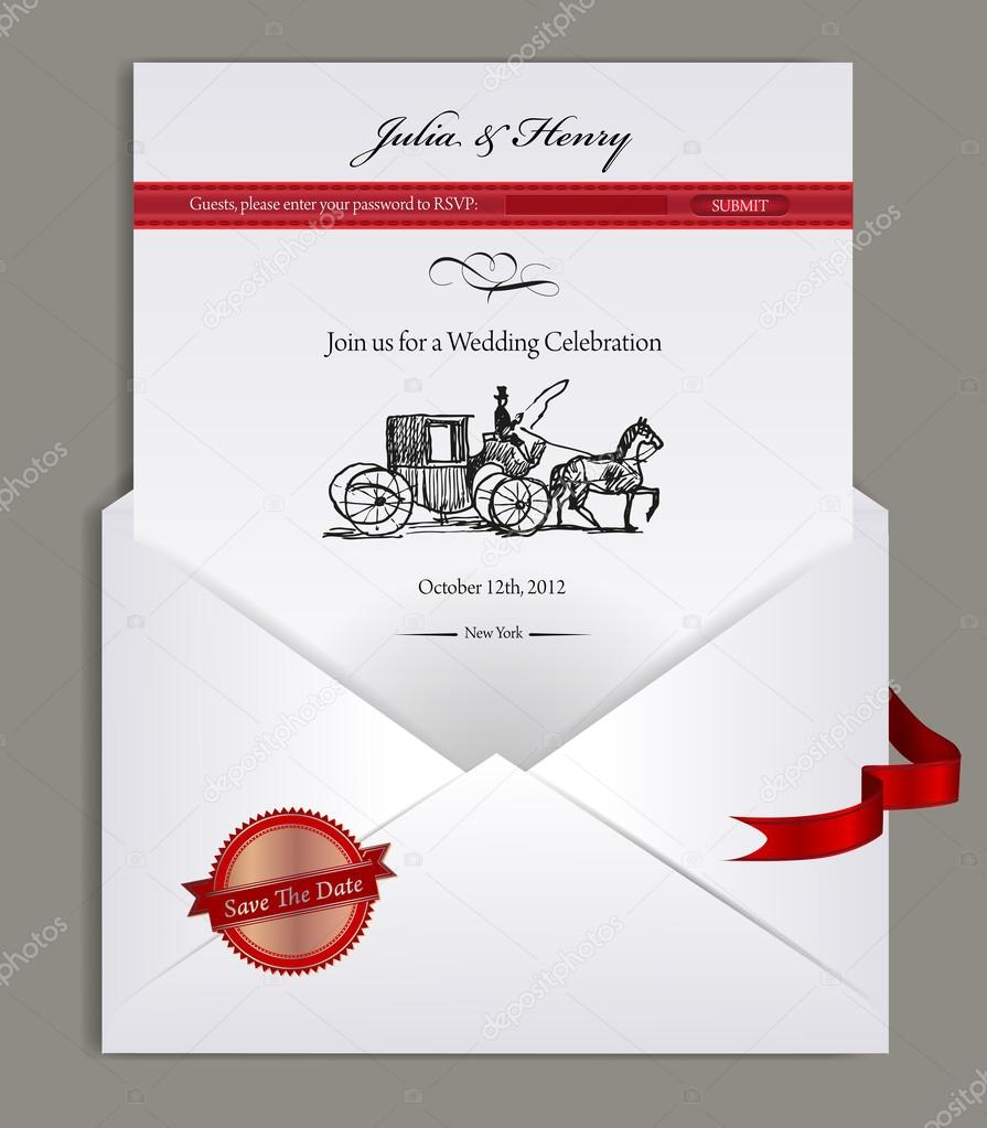 Elevelope and electronic wedding invitation with sample text and carriage