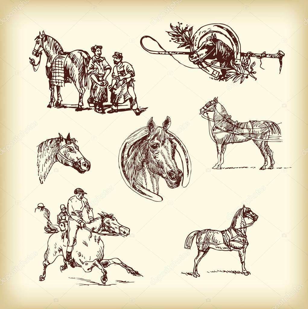 ILLUSTRATION OF A DIGITAL COLLAGE OF BROWN SKETCHES OF JOCKEYS AND HORSES