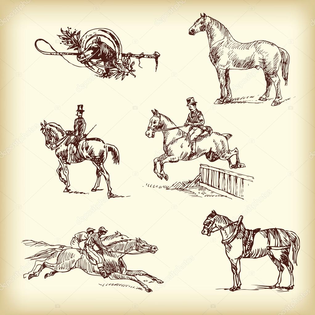 ILLUSTRATION OF A DIGITAL COLLAGE OF BROWN SKETCHES OF JOCKEYS AND HORSES