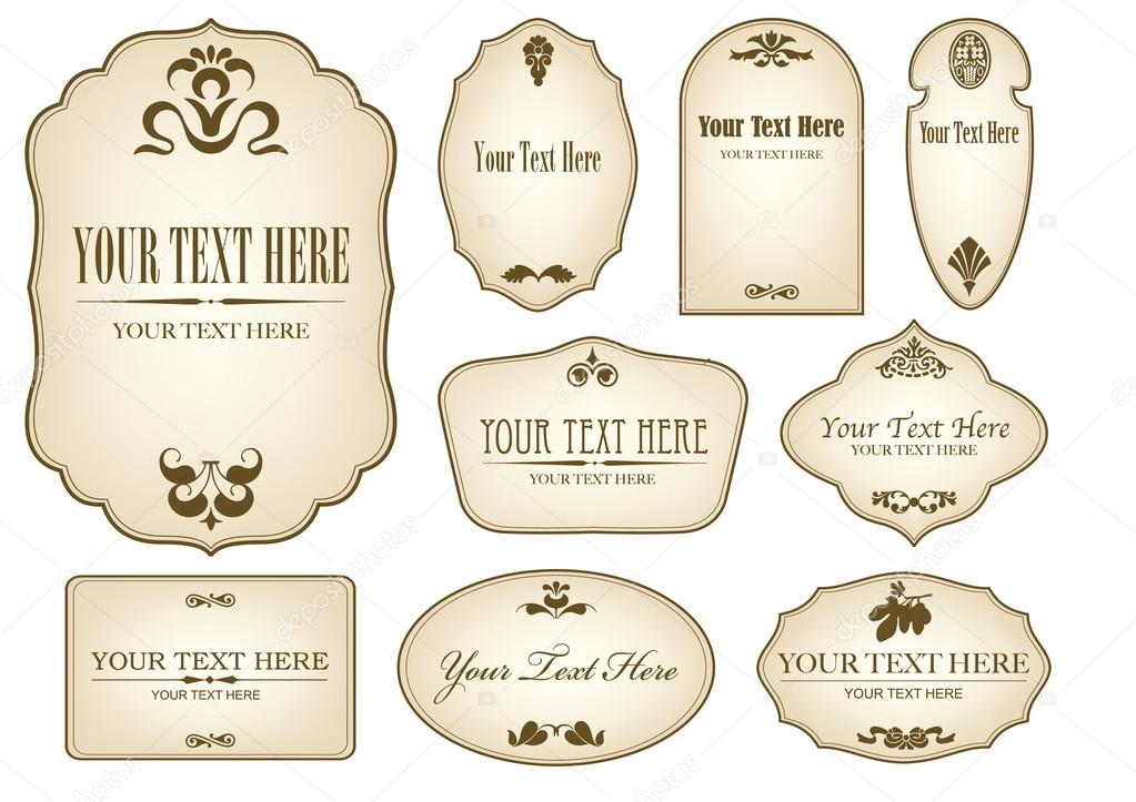ILLUSTRATION OF A DIGITAL COLLAGE OF AGED LABELS WITH BROWN FLORAL DESIGNS AND TEXT SPACE